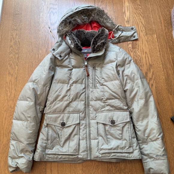 Eddie Bauer Gray Puffer Jacket with Faux Fur Hood - Picture 1 of 10